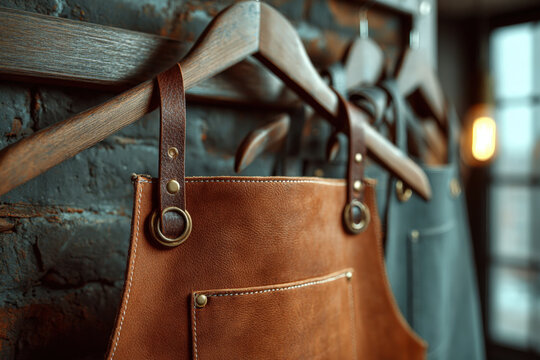 Brown apron with wide chest print area hanging on rustic hook with blurred gingerbread background
