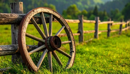 Fototapeta premium Wooden wheel rests against a rough fence in a field, with blurred trees in background
