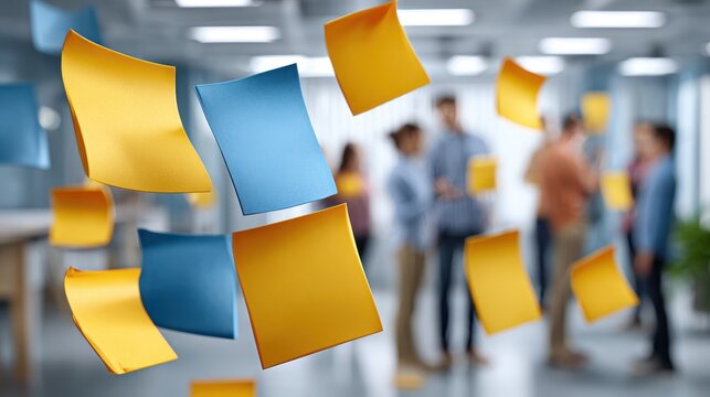 A vibrant office scene featuring floating sticky notes, with blurred colleagues engaged in discussion, symbolizing brainstorming and collaboration.