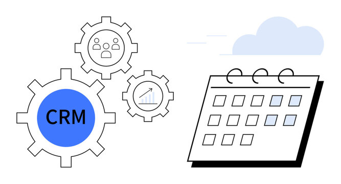 Gear icons labeled CRM, chart, and people linked with a calendar. Ideal for management, productivity, teamwork, planning, CRM scheduling data analysis. A simple flat metaphor