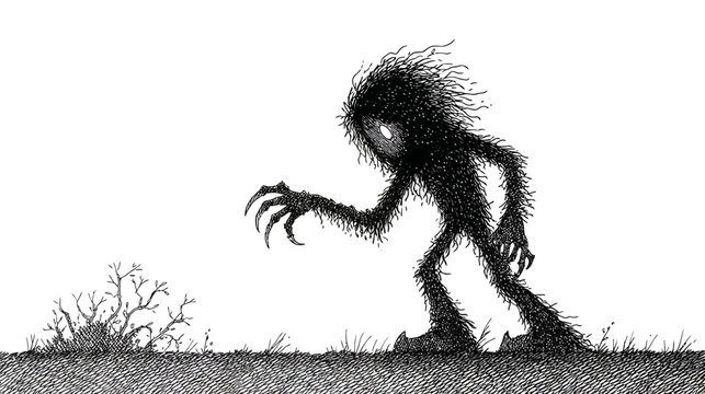 Mysterious hairy dark monster creature with glowing eyes and sharp claws reaching out on white. Spooky fantasy illustration.