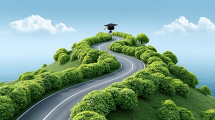 A winding road leads up a green hill under a blue sky, featuring a figure with a graduation cap, symbolizing education and achievement.