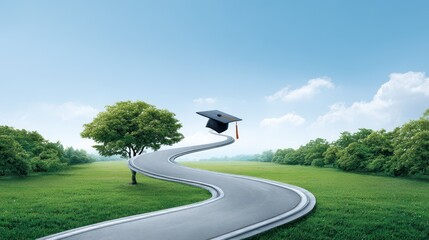 A whimsical scene featuring a winding road leading to a graduation cap, symbolizing education and the journey of learning amidst a serene landscape.