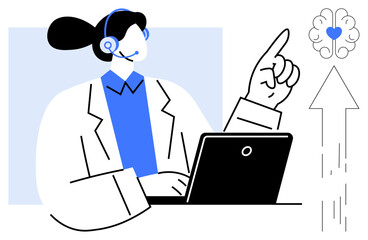 Woman wearing headset uses laptop, gesturing toward brain with heart icon and upward arrow. Ideal for healthcare, technology, innovation, virtual assistance, communication, AI teamwork. Simple flat