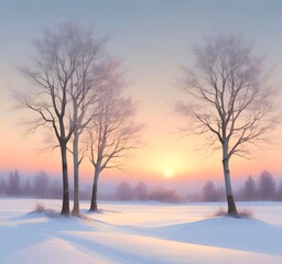 Minimal winter landscape with snow covered trees under pale sunrise