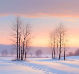 Minimal winter landscape with snow covered trees under pale sunrise