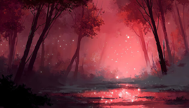 Fantasy Red Forest with Magical Light Particles and Reflection