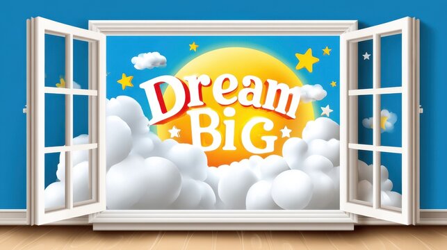 A bright illustration featuring an open window with clouds and a sun, displaying the motivational phrase "Dream Big" in colorful text.