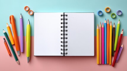 A colorful assortment of stationery items including pens, pencils, and a blank notebook arranged on a pastel background.