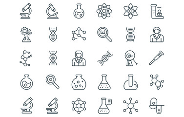 Science and medical research icons showing DNA molecules, microscopes, atoms, and scientist in outline style for modern presentations and reports, perfect for biotechnology and education materials