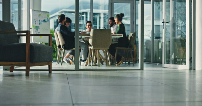 Business people, team and meeting with blur in conference for planning, brainstorming or strategy. Group, employees or colleagues with discussion for analytics, statistics or performance in workplace