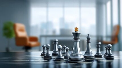 A close-up of a chessboard featuring metallic pieces, with a blurred office background, emphasizing strategy and focus in a professional setting.