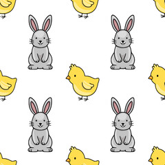 Seamless vector pattern featuring cute Easter bunnies and chicks on a white background, perfect for spring-themed designs.