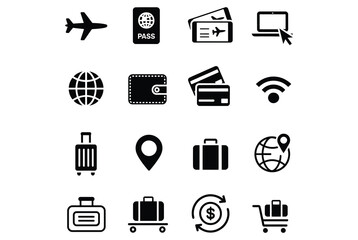 Plan Your Dream Vacation Online with These Travel Icons Featuring Passport, Luggage, Airplane Ticket, and More - Book Your Next Adventure Today!