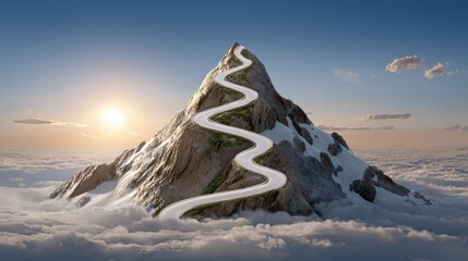 A majestic mountain rises above the clouds, featuring a winding road leading to its peak, illuminated by the warm glow of the setting sun.