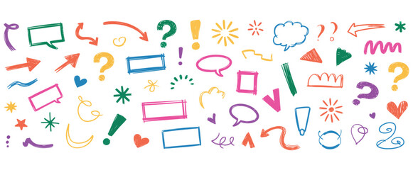 Creative doodle designs offering vibrant hand drawn elements like arrows, speech bubbles, and question marks for eye catching presentations and engaging visual content, add a playful touch