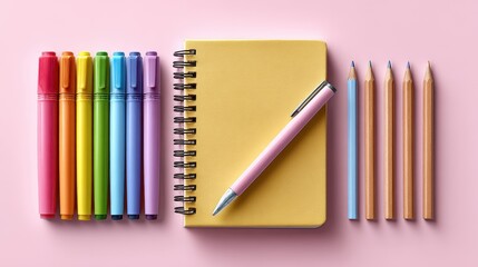 Colorful markers, a yellow notebook, and pencils arranged neatly on a pink background create a vibrant and creative workspace.