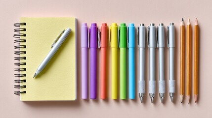 A colorful arrangement of pens, markers, and a notebook on a pastel background, ideal for creativity and organization.