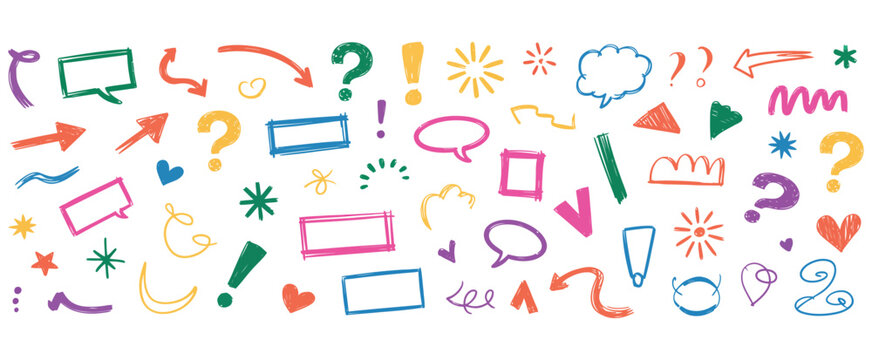 Creative doodle designs offering vibrant hand drawn elements like arrows, speech bubbles, and question marks for eye catching presentations and engaging visual content, add a playful touch