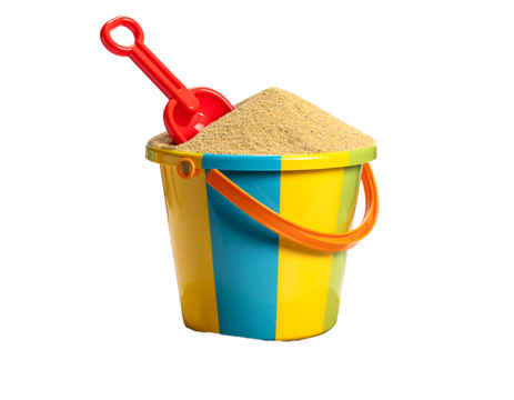 Colorful Bucket and Shovel Filled with Golden Sand