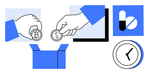 Hand offering crypto and dollar coins, open package, pills, clock. Ideal for finance, healthcare, delivery, cryptocurrency time management efficiency investment. Simple flat metaphor