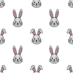 Adorable grey bunny faces with pink inner ears, arranged in a repeating seamless vector pattern on a white background, evoking a playful and sweet Easter theme.