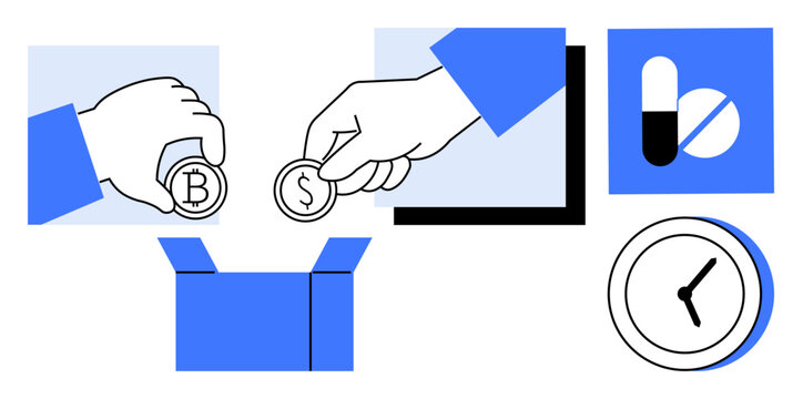 Hand offering crypto and dollar coins, open package, pills, clock. Ideal for finance, healthcare, delivery, cryptocurrency time management efficiency investment. Simple flat metaphor