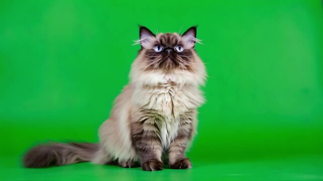A ragdoll cat sitting upright with a green background and bright blue eyes looking at the viewer cat green screen video