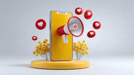 A vibrant digital artwork featuring a smartphone with a megaphone and floating heart icons, symbolizing communication and social connection.