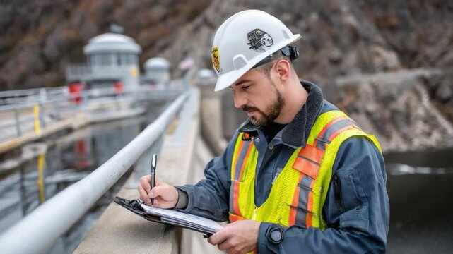 Dam Inspection: A diligent engineer, clad in safety gear, meticulously documents findings on a notepad while surveying the infrastructure of a dam, emphasizing precision and preparedness.