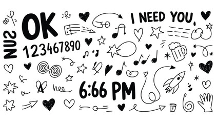 Fun doodle collection for creative projects featuring hearts, stars, rockets, musical notes, and handwritten text perfect for invitations, scrapbooking, or whimsical designs with a playful feel