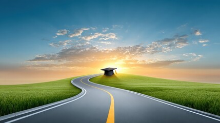 A winding road leads to a graduation cap on a hill, symbolizing the journey of education under a vibrant sunrise.
