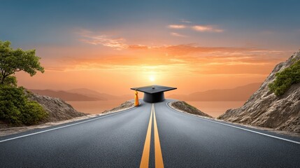 A surreal landscape featuring a road leading to a graduation cap at sunset, symbolizing educational achievement and new beginnings.