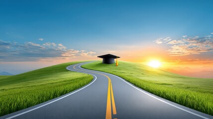 A winding road leads to a small house on a hill, set against a vibrant sunrise and lush green landscape.