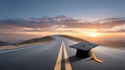 A graduation cap rests on a winding road at sunset, symbolizing the journey of education and future possibilities.