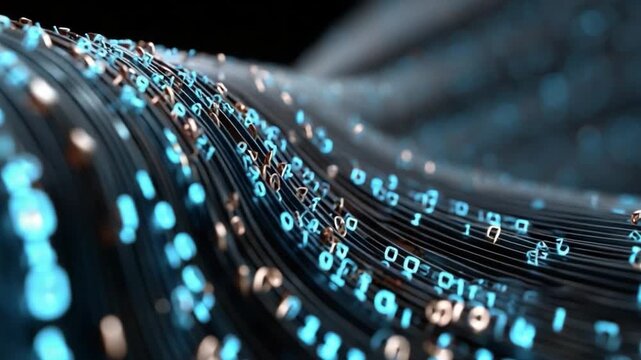 Digital Flow: An abstract rendering of data streams and binary code in a dynamic, flowing design. Illustrating the intricate network of information and representing a technological revolution.