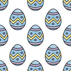 Seamless vector pattern of pastel blue Easter eggs with chevron and dot decorations on a white background.