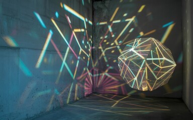 Abstract geometric light sculpture with neon streaks and 3d wireframe orb