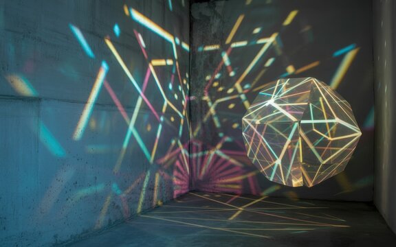 Abstract geometric light sculpture with neon streaks and 3d wireframe orb