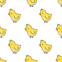 Seamless repeating vector pattern of adorable yellow chicks with simple outlines and soft shading, perfect for spring and Easter themes.