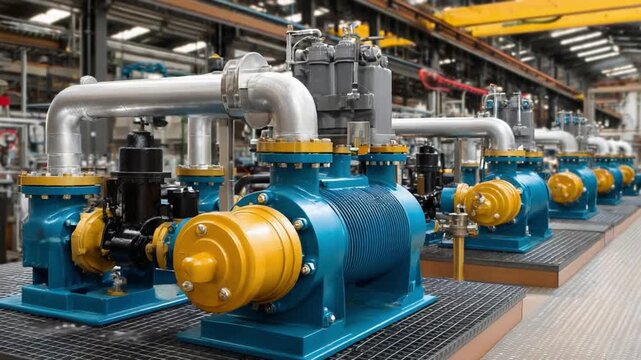 Industrial Pumping System: A row of industrial pumps in a factory setting, with the metallic gleam of pipes and machinery. Demonstrating industrial engineering and operational prowess.