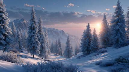 Winter mountain landscape with snow covered pine trees under sunrise sky creating serene christmas scenery