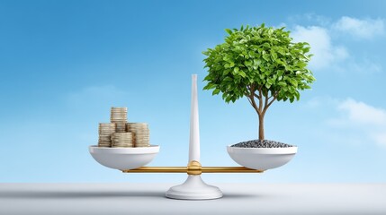 A scale balances coins on one side and a growing tree on the other, symbolizing the relationship between wealth and nature.