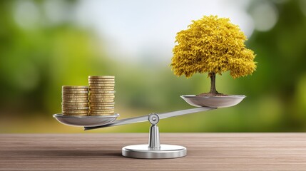 A balance scale juxtaposes coins and a tree, symbolizing the relationship between wealth and nature.