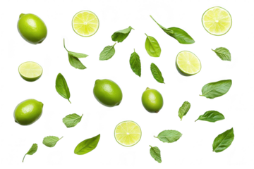 A arrangement of fresh limes and mint leaves scattered artistically on a white background. ideal for culinary themes. beverage recipes. or health-related content