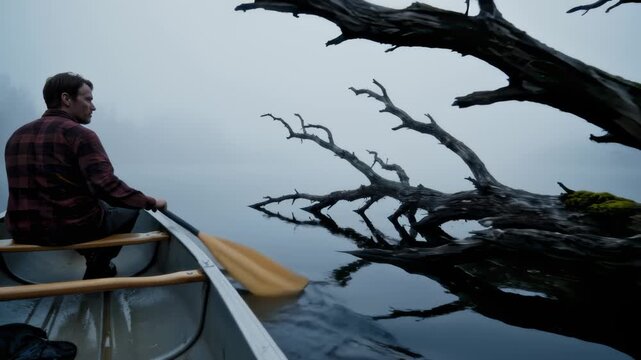 Man Paddling Canoe on Foggy Lake With Dead Trees in Nature