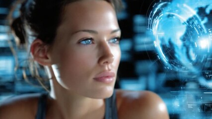 Visionary Gaze: A captivating woman gazes intently at an immersive holographic display of global connectivity and data visualization, embodying the future of technology - Powered by Adobe