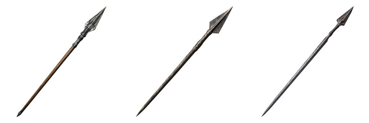 Three spears with sharp spearhead. Each spear exhibits distinct details of design and finish