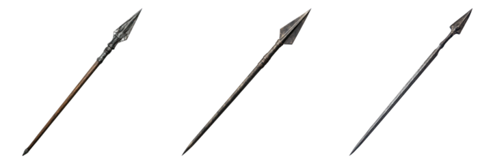 Three spears with sharp spearhead. Each spear exhibits distinct details of design and finish
