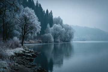 Frosted icy lake surface with rectangular title box in cool neutral tones